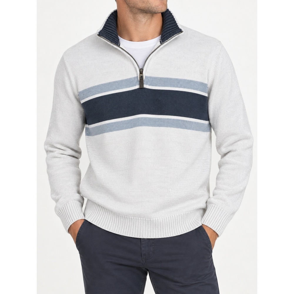 Eddie Bauer Mens XL Quarter Zip Sweater Cream Grey Stripe Pullover Mock Neck
